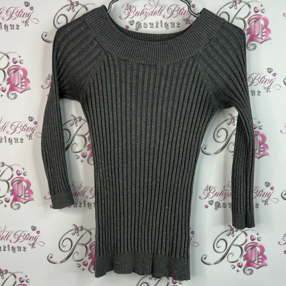 Le Chateau long sleeve ribbed stretchy Charcoal Ribbed Crew Neck Sweater